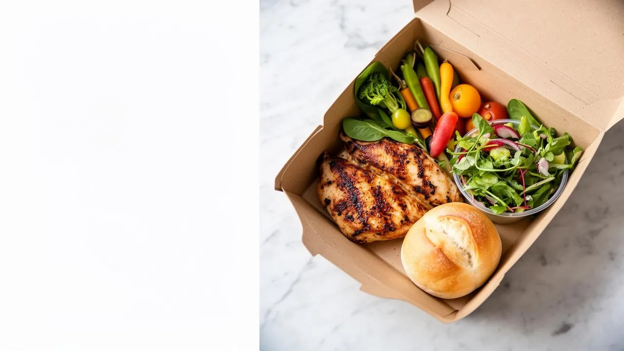 Boxed catering meals packed with grilled chicken, roasted vegetables, and salad for Fremont and Milpitas office deliveries