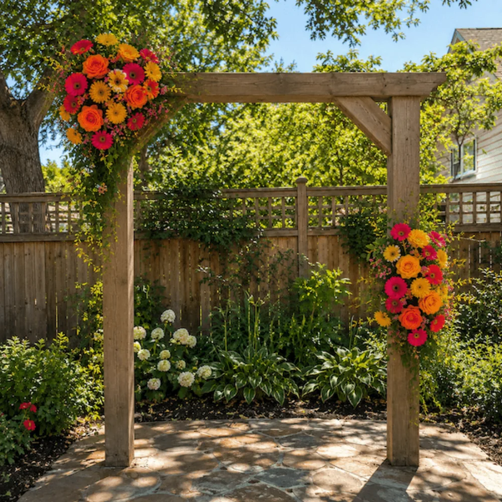 Small floral arch installation with sunflowers, coral and yellow gerbera daisies with pink accents on a sunny garden arch
