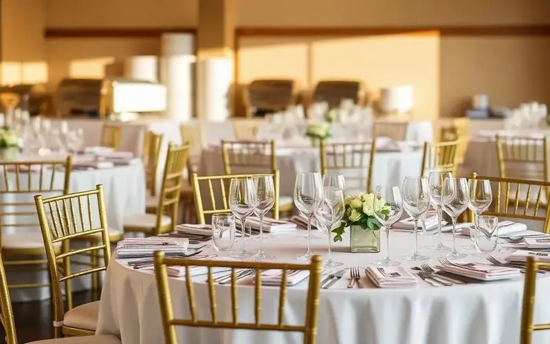 Fremont Catering Company reception setup with round dining tables, gold Chiavari chairs, white linens, glassware, and floral centerpieces.