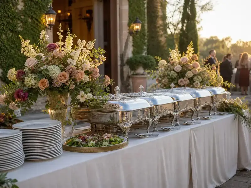 Fremont Catering Company buffet styled with silver chafing dishes, stacked china, and abundant garden-inspired floral arrangements.