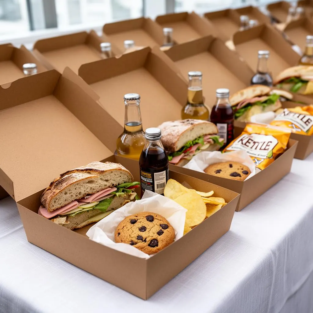 Individually boxed catering lunches stacked for a Milpitas office training
