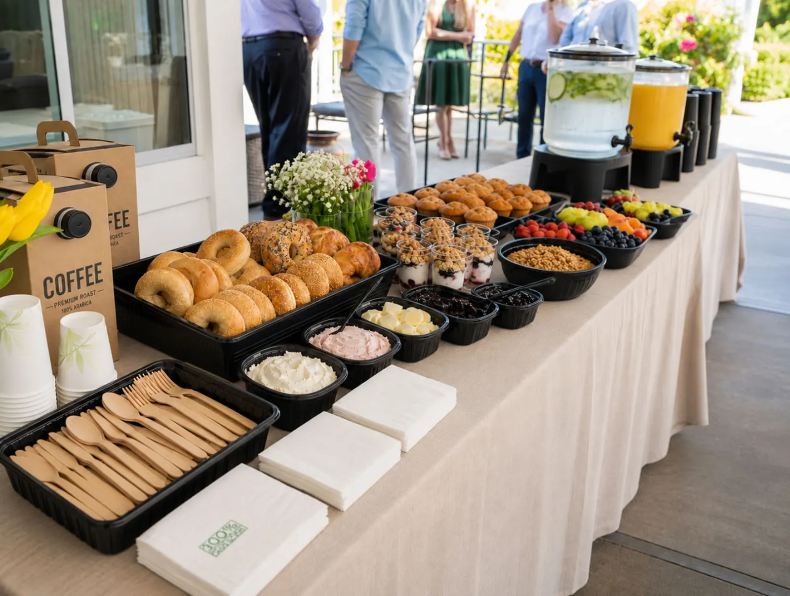 Drop-off continental breakfast display with bagels, muffins, yogurt parfaits with granola, fresh fruit and berries, coffee, iced water, and orange juice on a linen-draped outdoor buffet by Fremont Catering Company