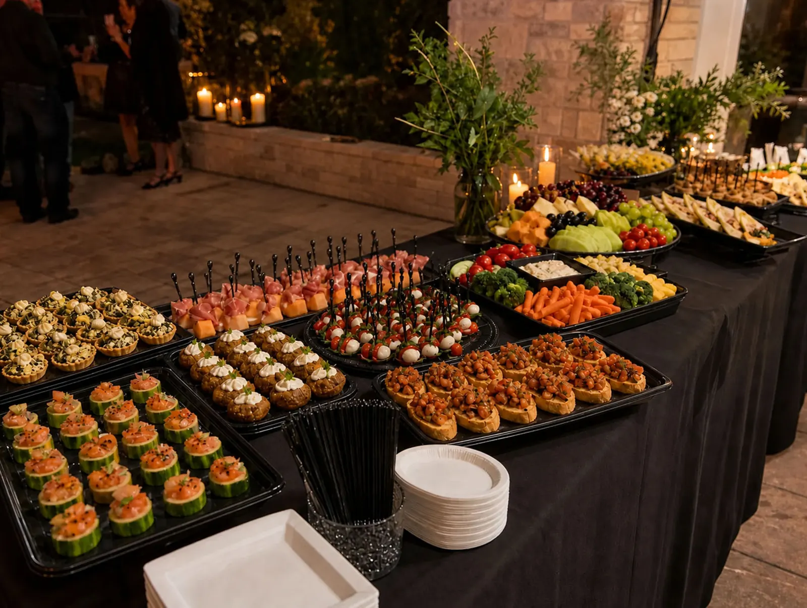 Elegant evening drop-off appetizer station with caprese skewers, prosciutto and melon, bruschetta, stuffed mushrooms, smoked salmon cucumber cups, artichoke tartlets, crudité, fresh fruit and cheese trays, and candlelit florals by Fremont Catering Company