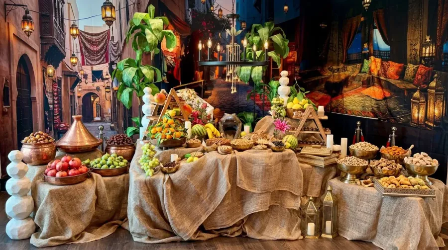 Themed grazing table with fresh fruit, nuts, dried fruit, and decorative styling at a Fremont celebration