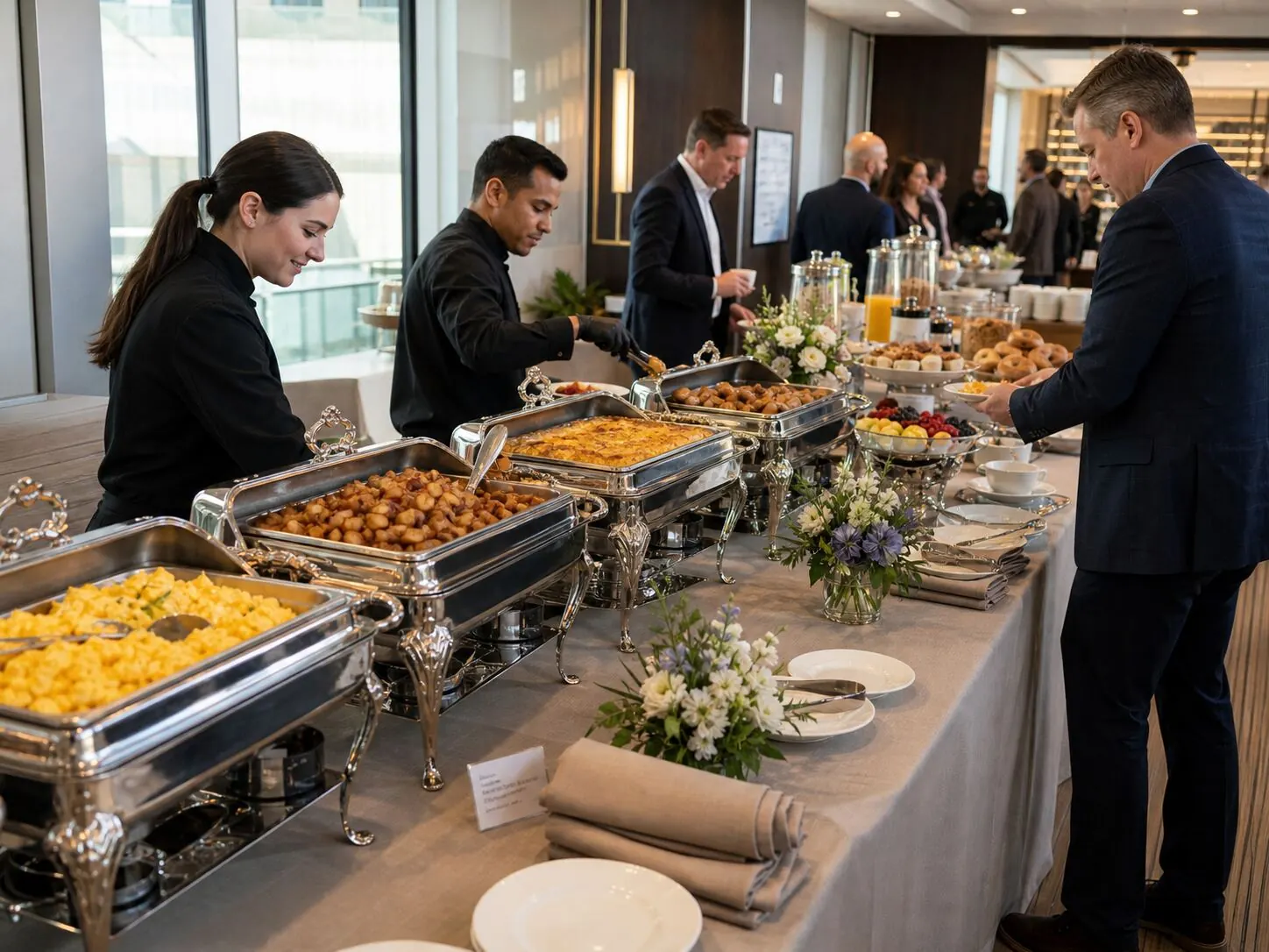 Full-service lunch buffet staffed at a Newark business park