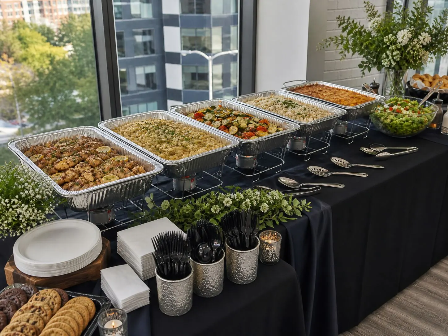 Hot lunch catering trays delivered to a Union City workplace break room