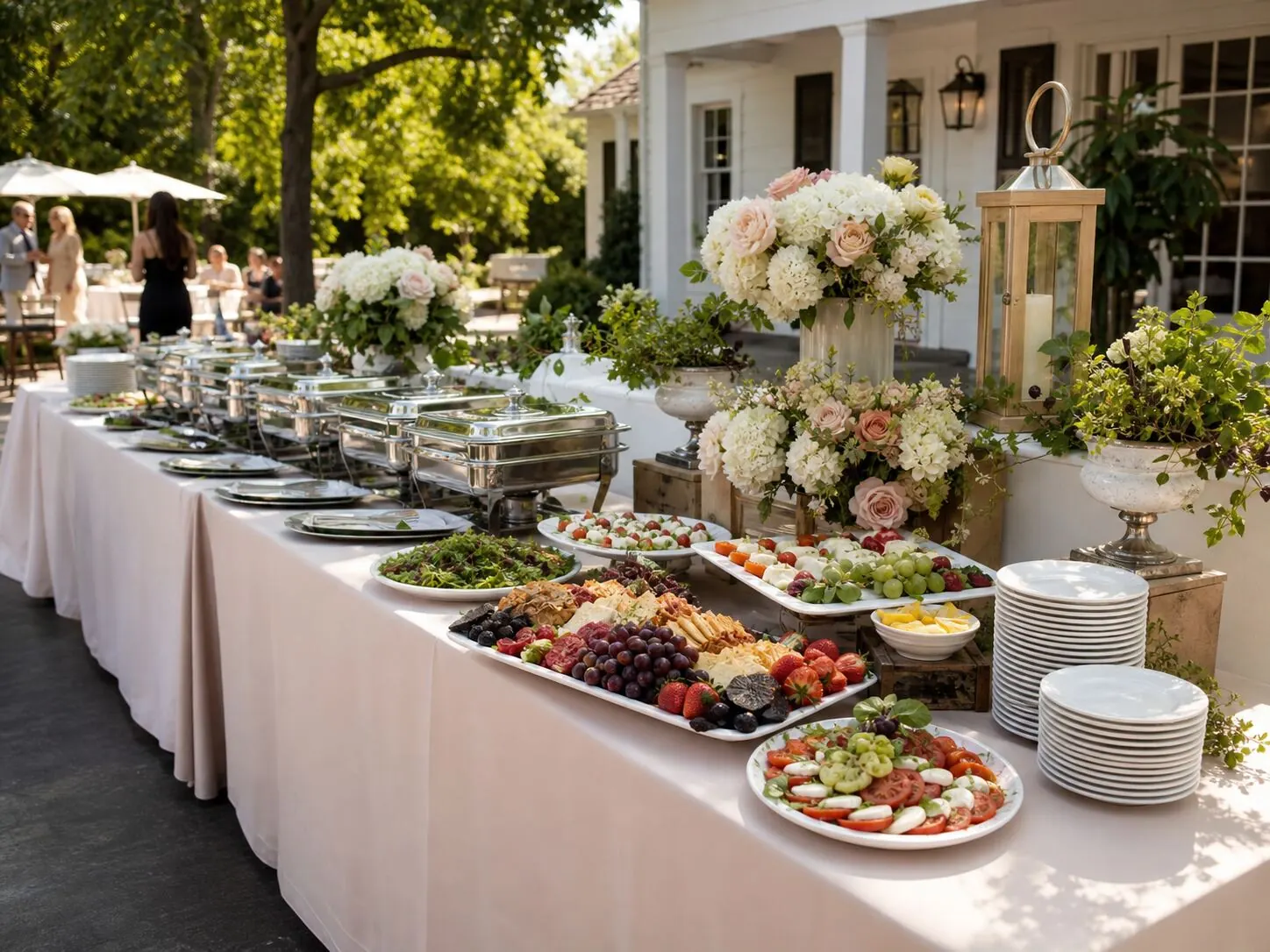 Open-air supper buffet where garden florals sit alongside polished chafers, meat boards and cut fruit — staffed Fremont catering styled with flowers