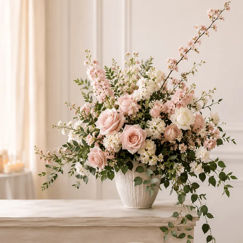 Tall romantic floral arrangement with blush roses, white hydrangea, and pink cherry blossom branches in a stone urn