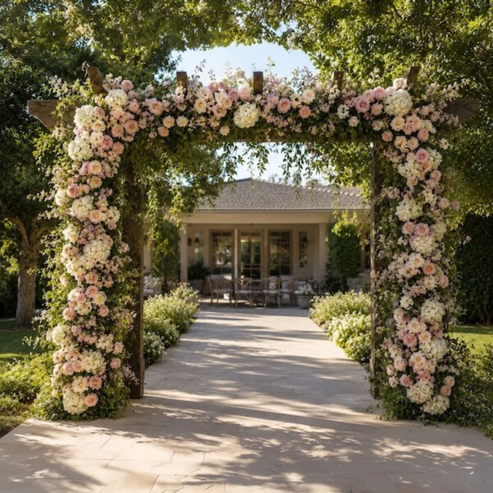 Large floral arch installation in blush, cream & ivory roses with white hydrangea fully wrapping a wooden pergola entrance