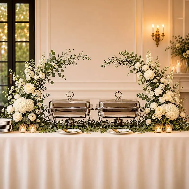 Elegant green and white tabletop broken floral arch framing silver chafing dishes on a buffet table